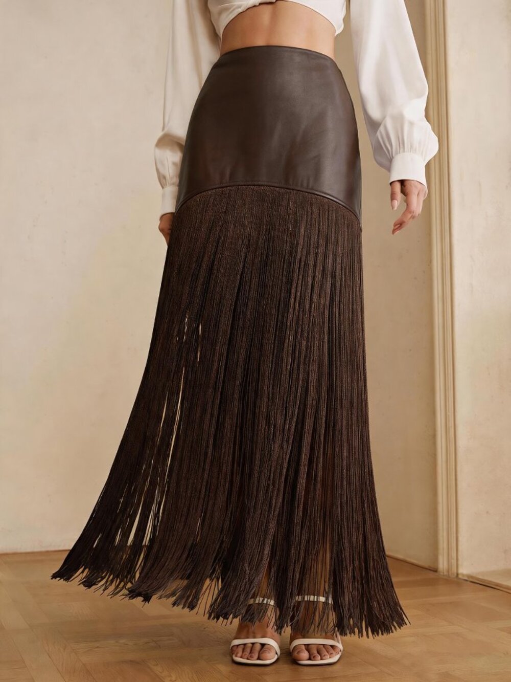 Coffee Brown Party Women's Patchwork Tassel Flowy Skirt